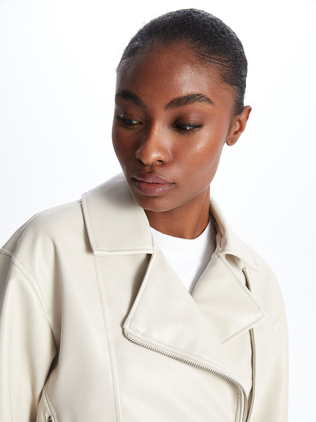 Women's Biker Collar Plain Leather Look Coat -S44297Z8-VJP