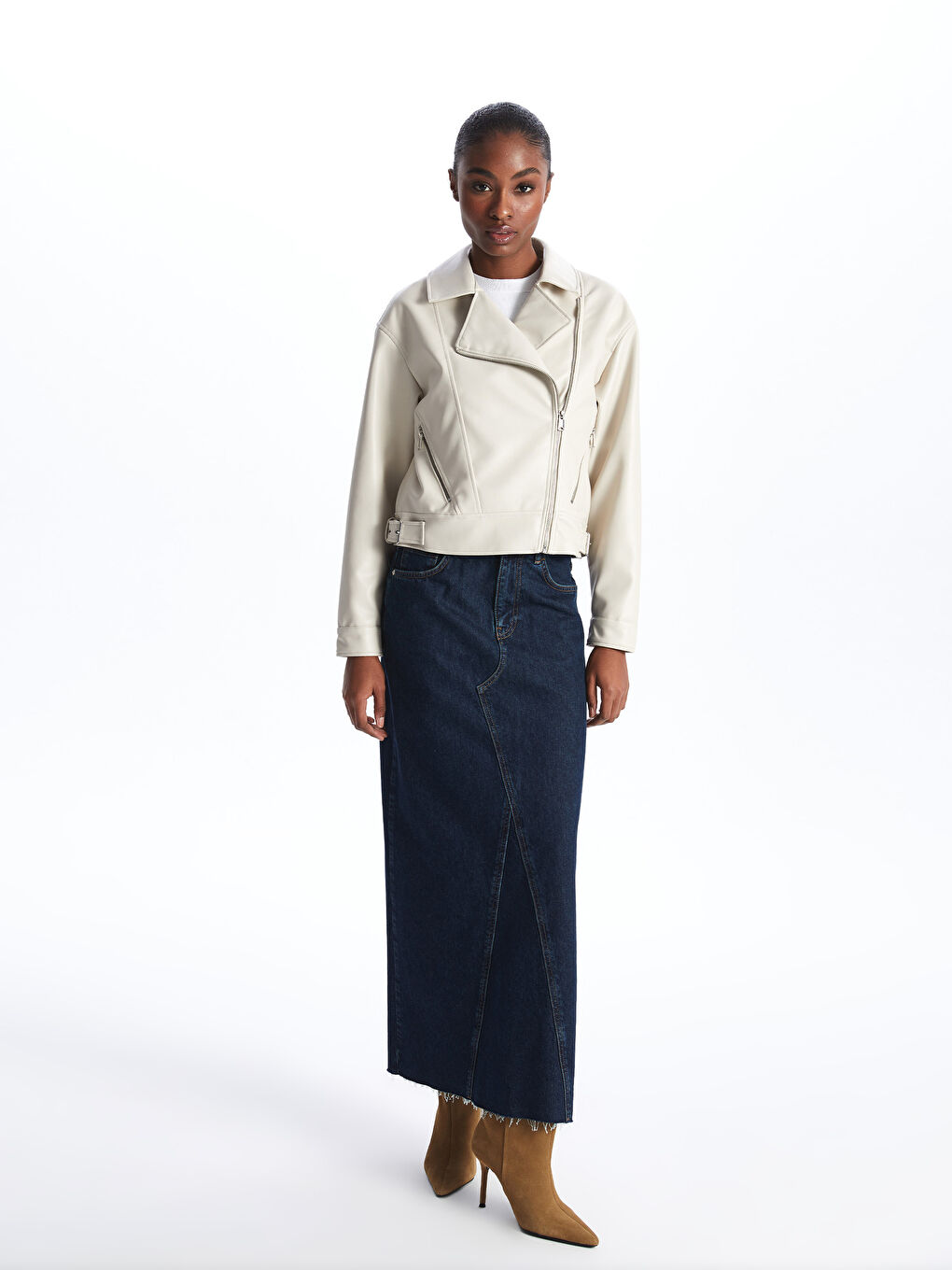 Women's Biker Collar Plain Leather Look Coat -S44297Z8-VJP