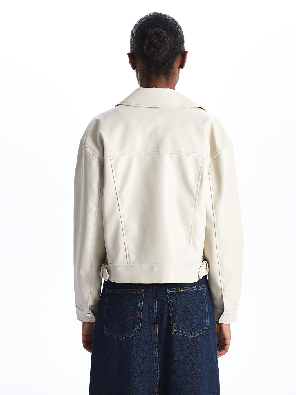 Women's Biker Collar Plain Leather Look Coat -S44297Z8-VJP
