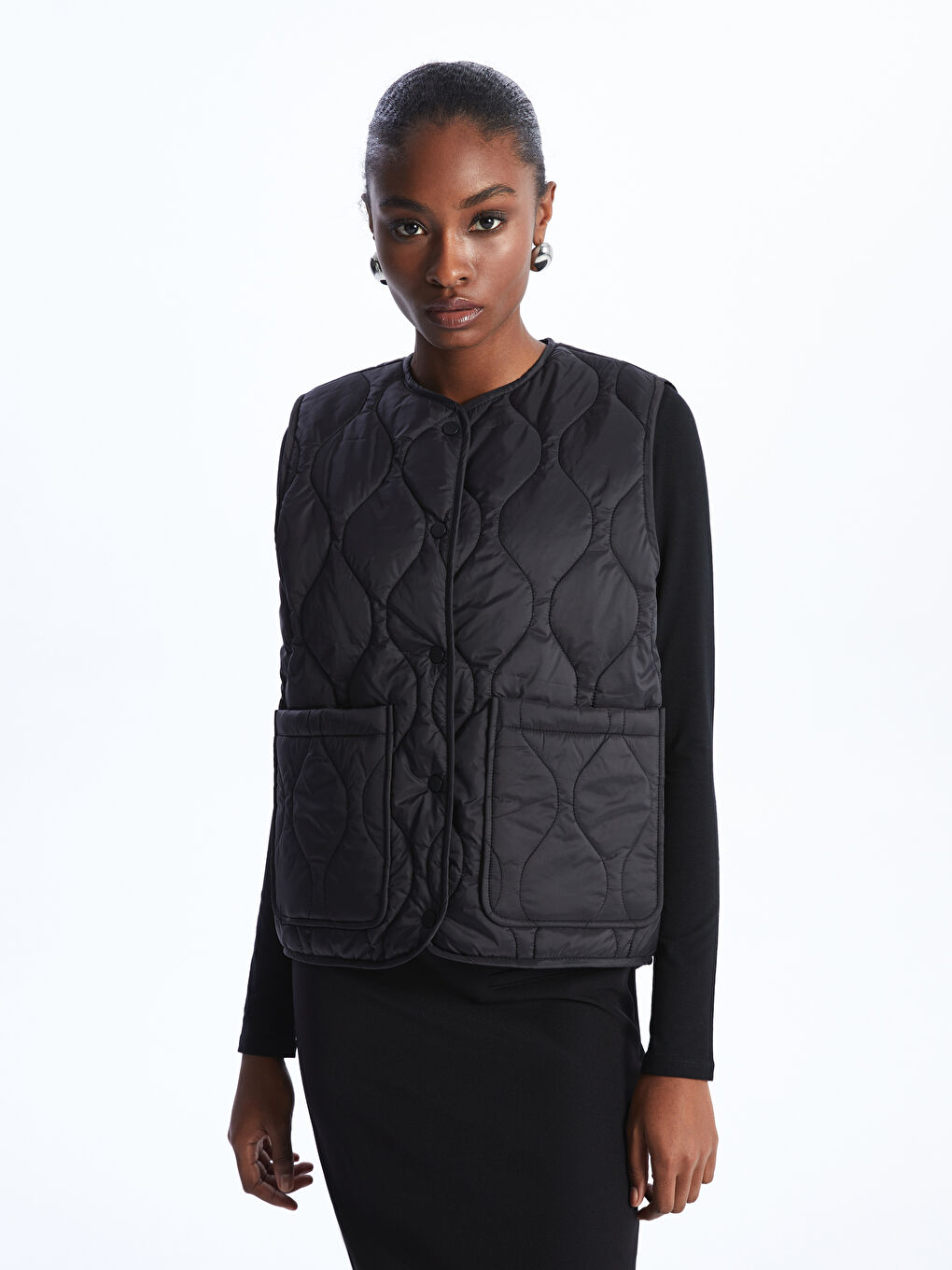 Crew Neck Self-Patterned Women's Puffer Vest -S44298Z8-CVL