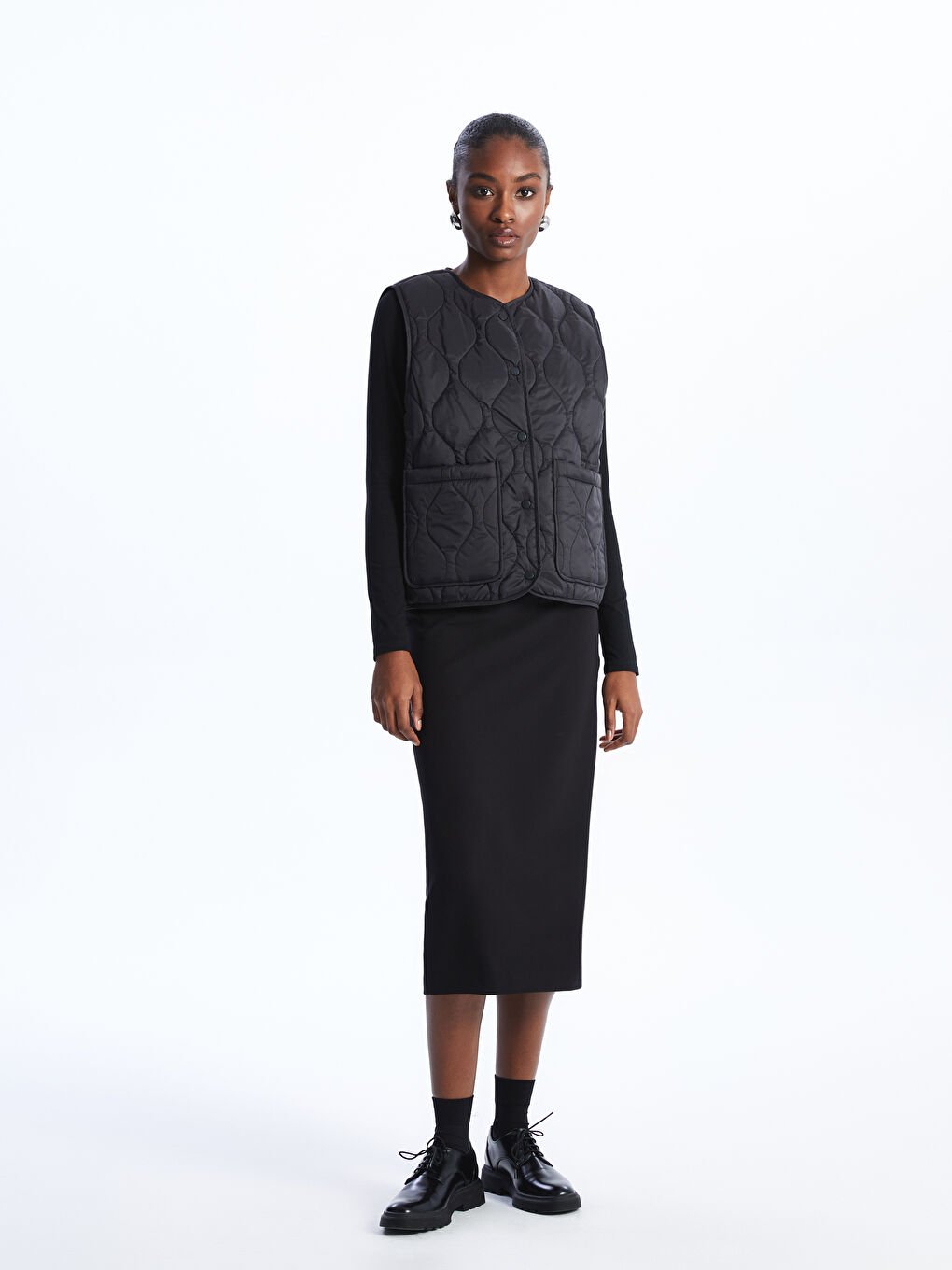 Crew Neck Self-Patterned Women's Puffer Vest -S44298Z8-CVL