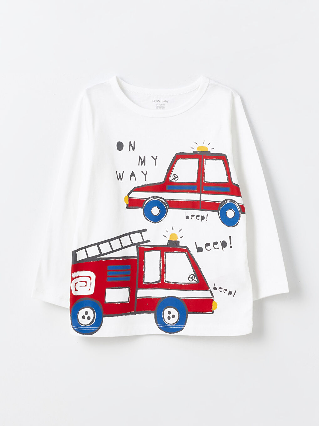 Beyaz Bisiklet Yaka Uzun Kollu Baskılı Erkek Bebek Pijama Üst