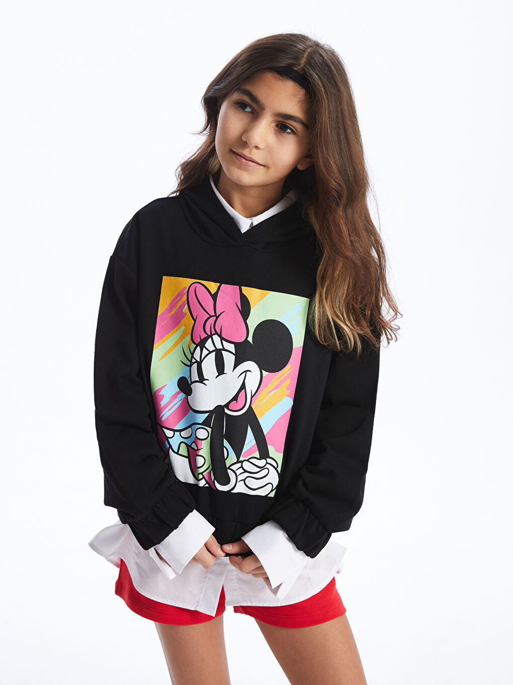 LCW Kids Siyah Minnie Mouse Baskılı Uzun Kollu Kız Çocuk Hoodie