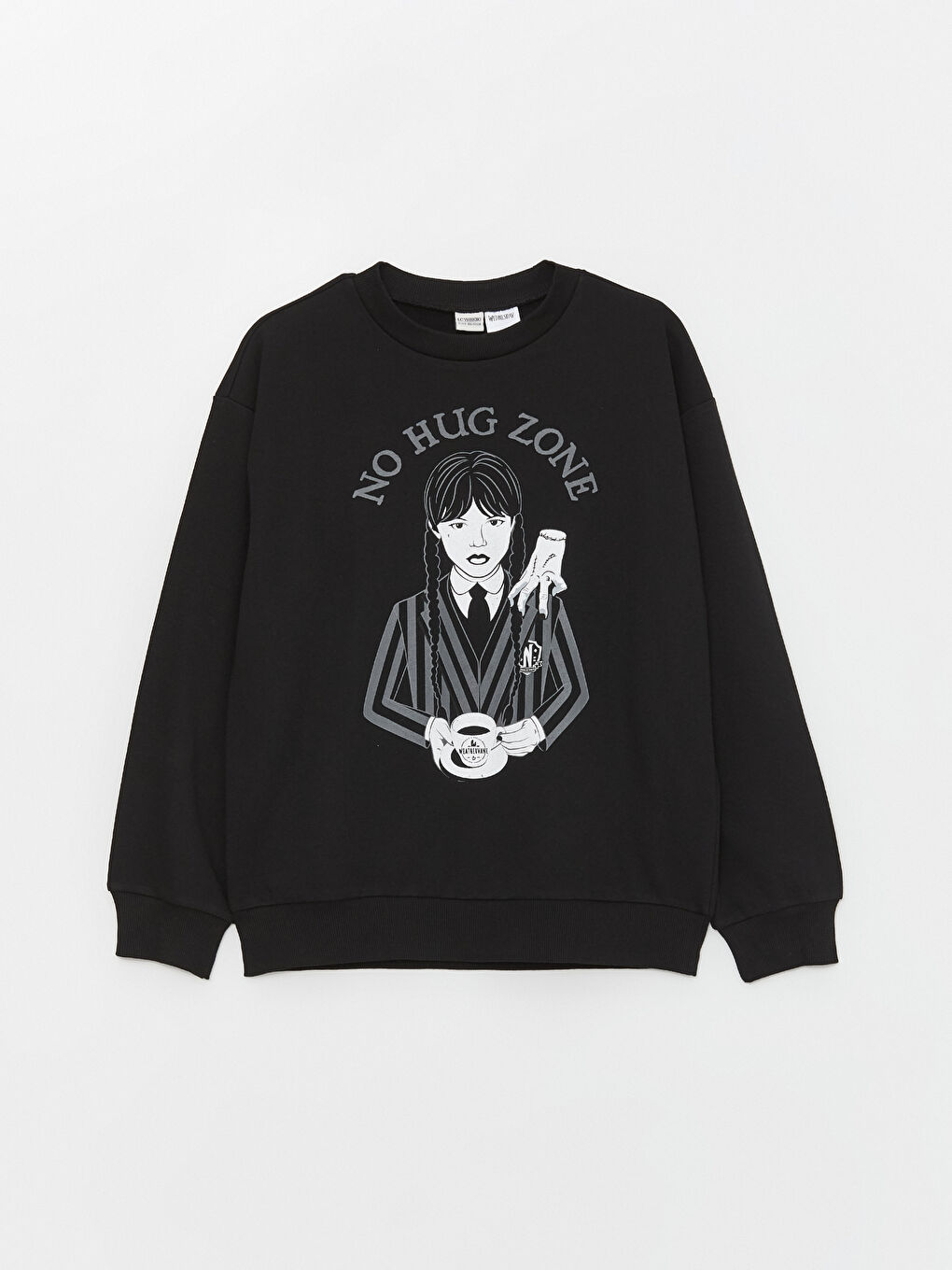 LCW Kids Yeni Siyah Bisiklet Yaka Wednesday Baskılı Uzun Kollu Kız Çocuk Sweatshirt