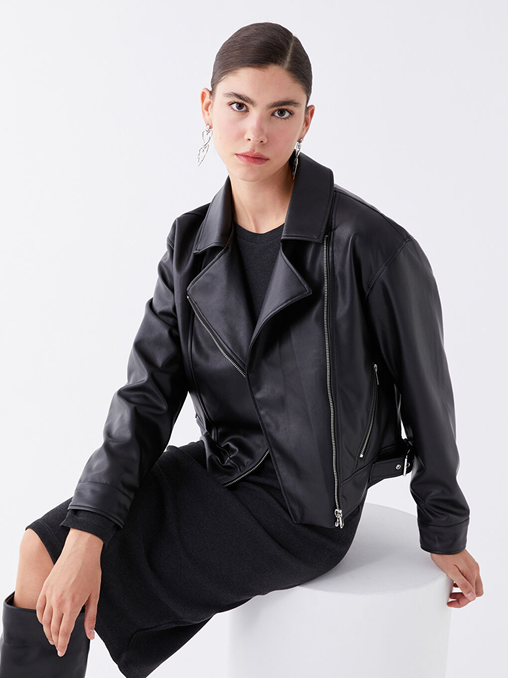 Women's Biker Neck Plain Faux Leather Jacket -S44758Z8-CVL