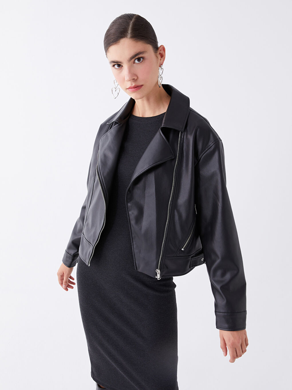 Women's Biker Neck Plain Faux Leather Jacket -S44758Z8-CVL