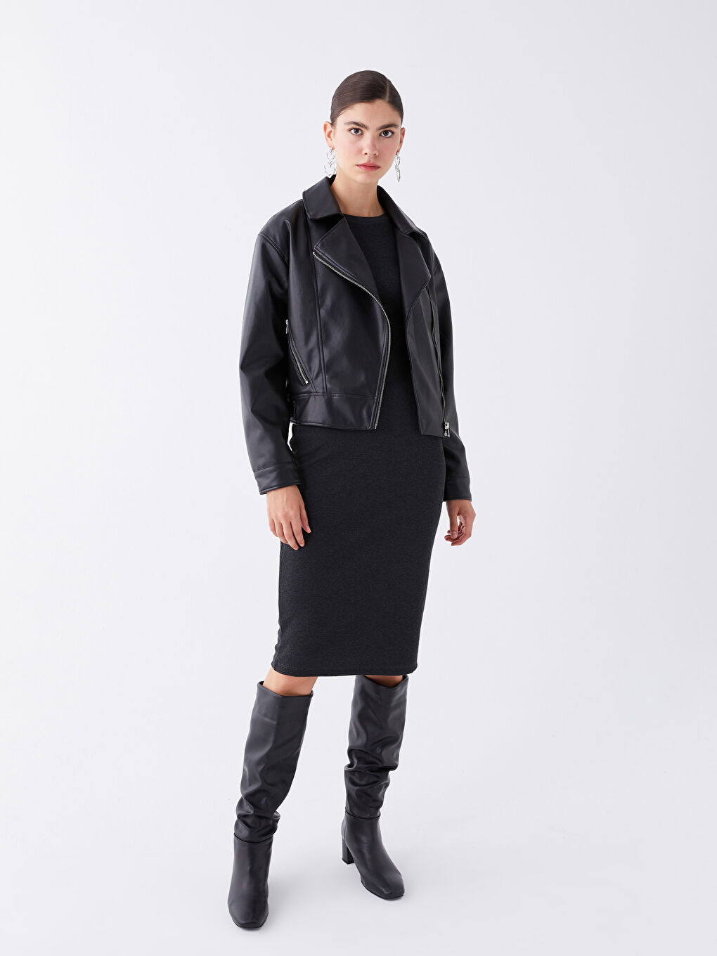 Women's Biker Neck Plain Faux Leather Jacket -S44758Z8-CVL