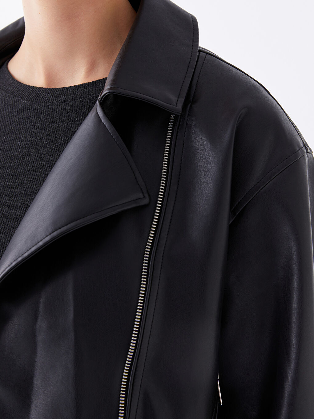 Women's Biker Neck Plain Faux Leather Jacket -S44758Z8-CVL