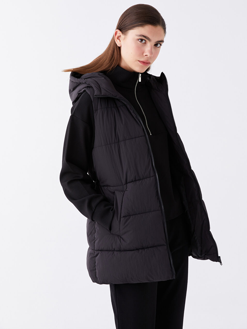 Women's Hooded Plain Puffer Gilet -S44762Z8-CVL