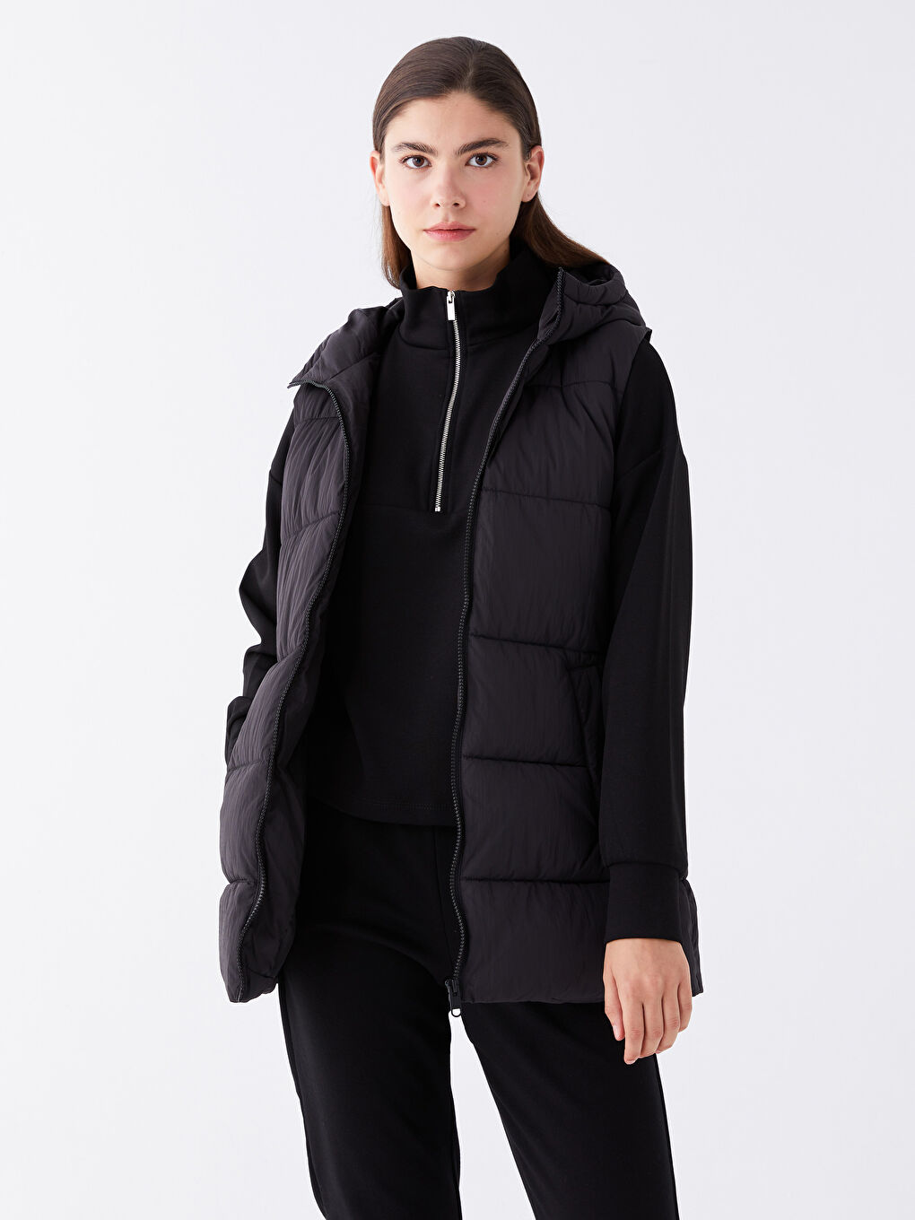 Women's Hooded Plain Puffer Gilet -S44762Z8-CVL
