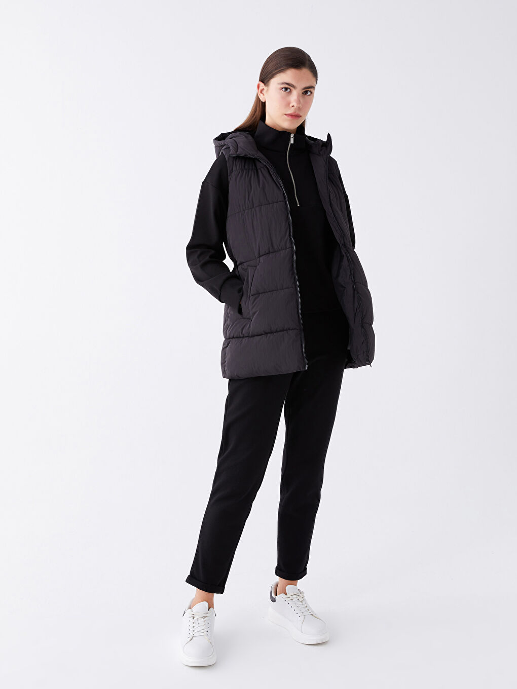 Women's Hooded Plain Puffer Gilet -S44762Z8-CVL