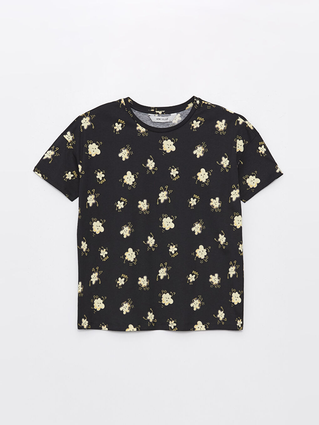 Siyah Bisiklet Yaka Baskılı Kadın Pijama Üstü