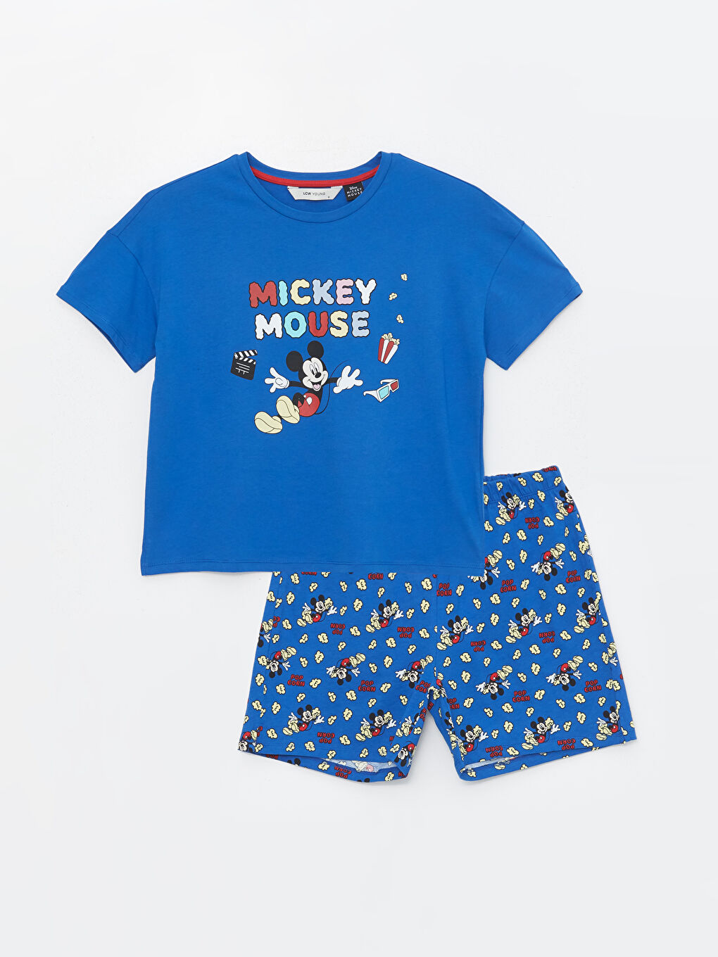 Mavi Bisiklet Yaka Mickey Mouse Baskılı Kadın Pijama Üstü