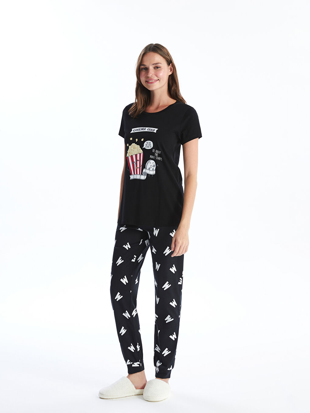 LCW Young Lacivert Bisiklet Yaka Baskılı Kısa Kollu Kadın Pijama Üst - 1