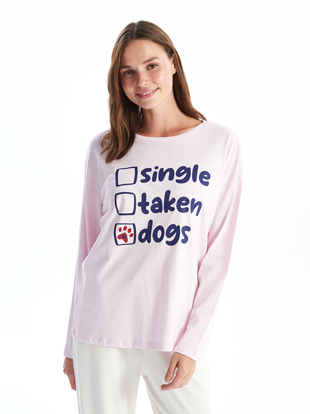 Pembe Bisiklet Yaka Baskılı Kadın Pijama Üstü