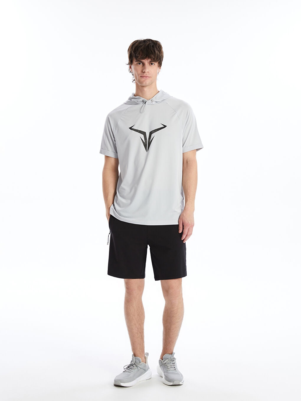 Gri DRY-TECH Kapüşonlu Kısa Kollu Erkek Spor Tişört-2