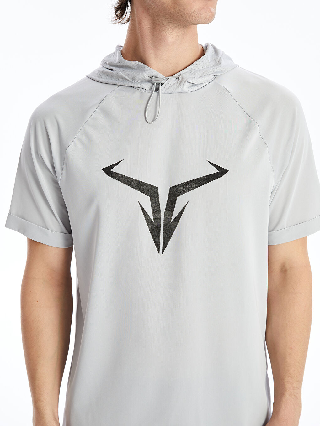 Gri DRY-TECH Kapüşonlu Kısa Kollu Erkek Spor Tişört-3