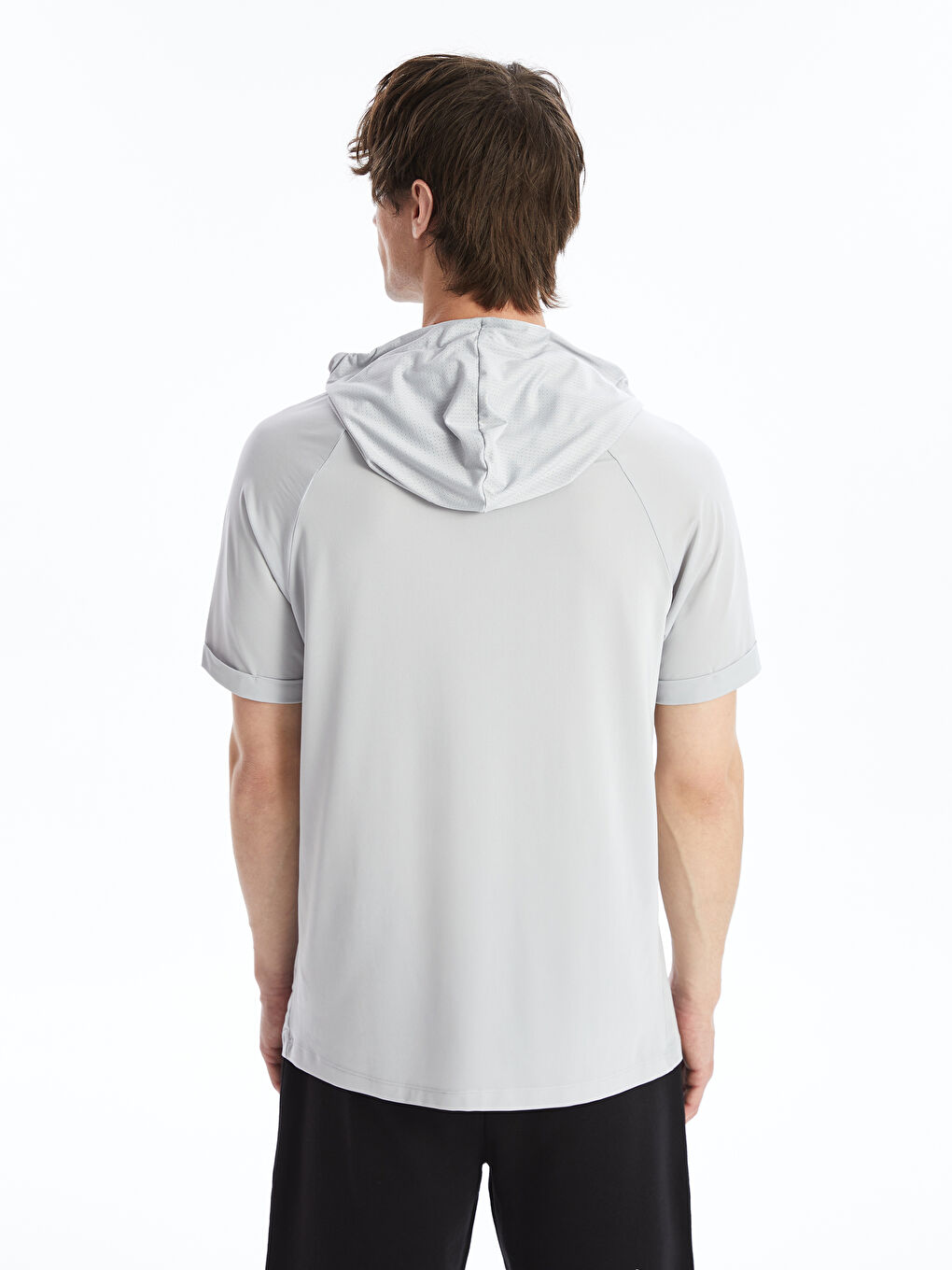 Gri DRY-TECH Kapüşonlu Kısa Kollu Erkek Spor Tişört-4