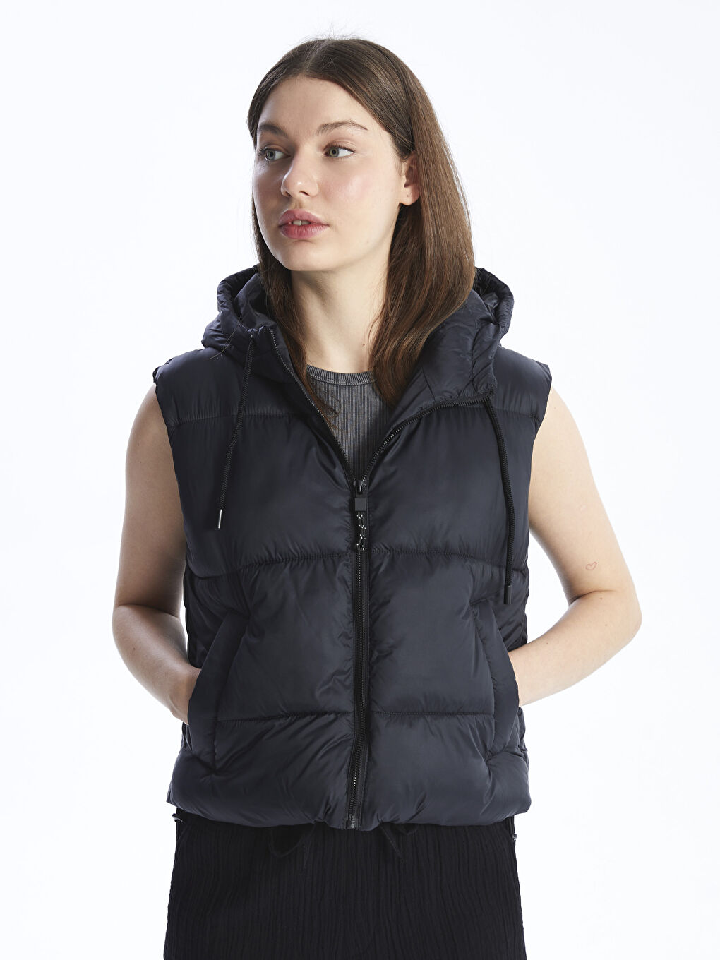 Women's Hooded Plain Puffer Gilet-1