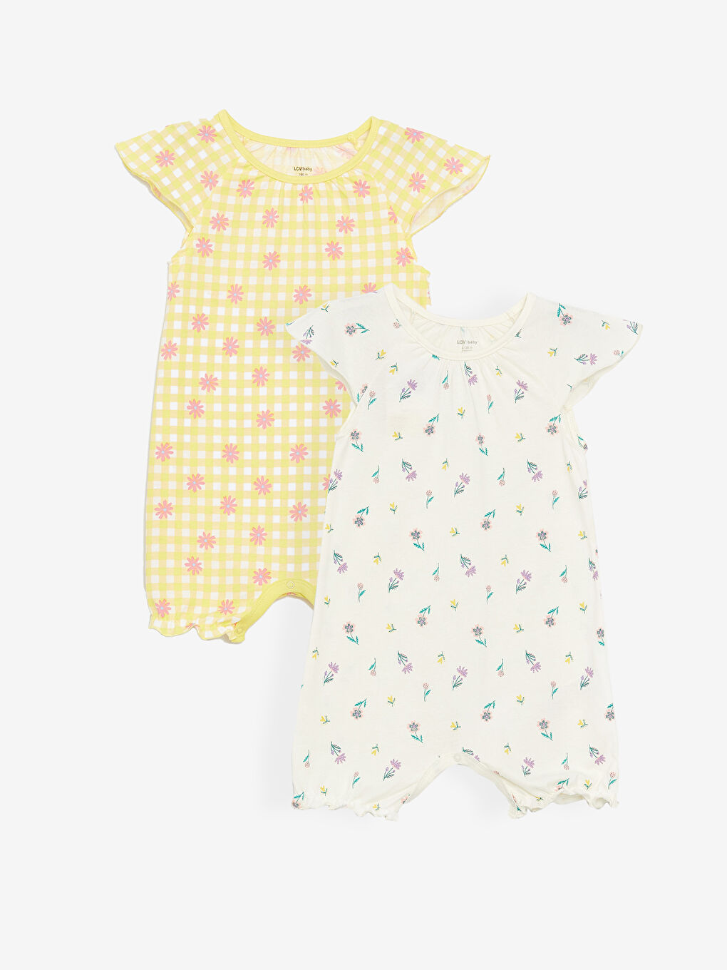 Sarı Bisiklet Yaka Kısa Kollu Baskılı Pamuklu Kız Bebek Tulum 2'li