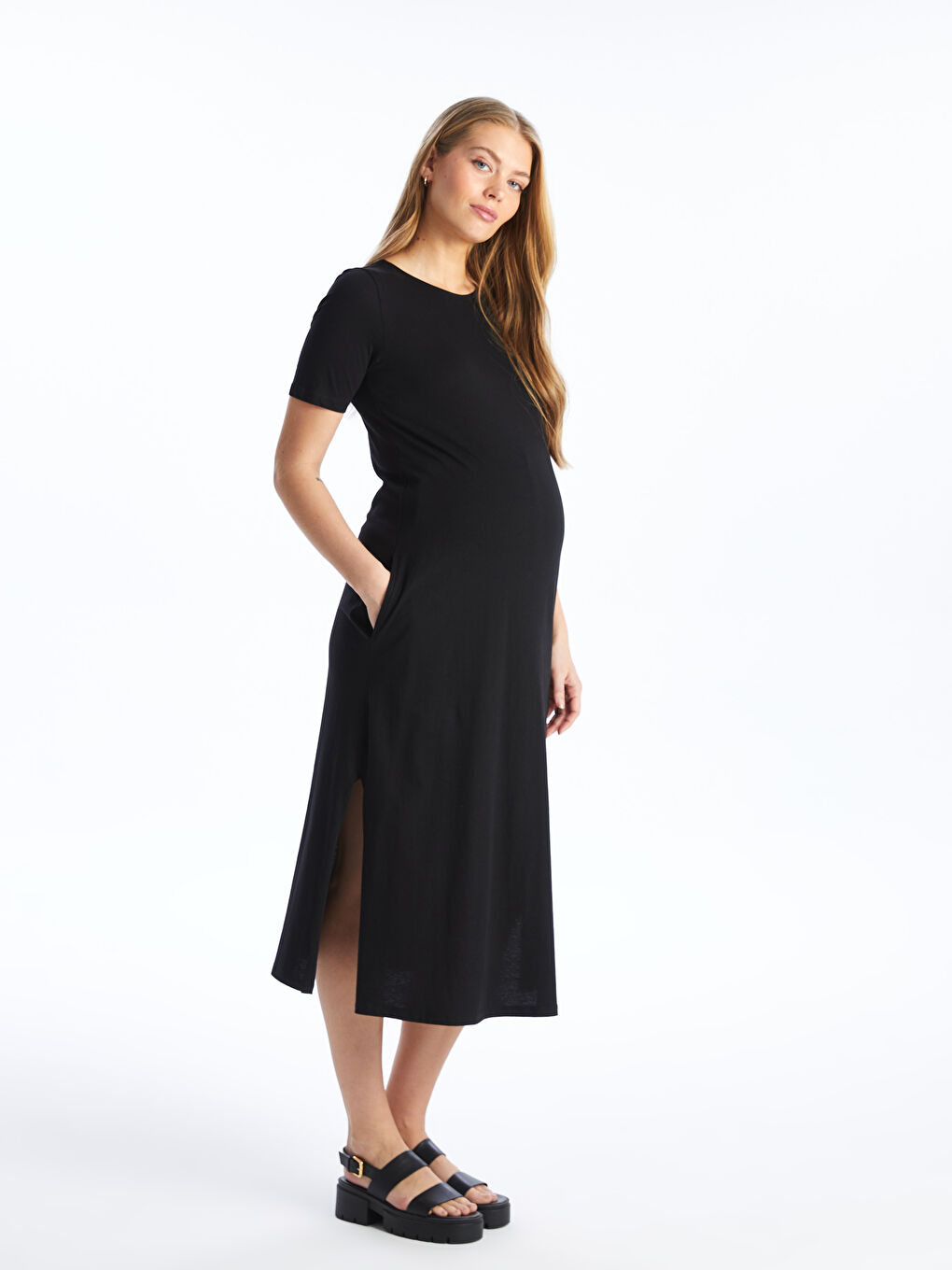 Rochie gravide simplă cu mânecă scurtă și guler rotund