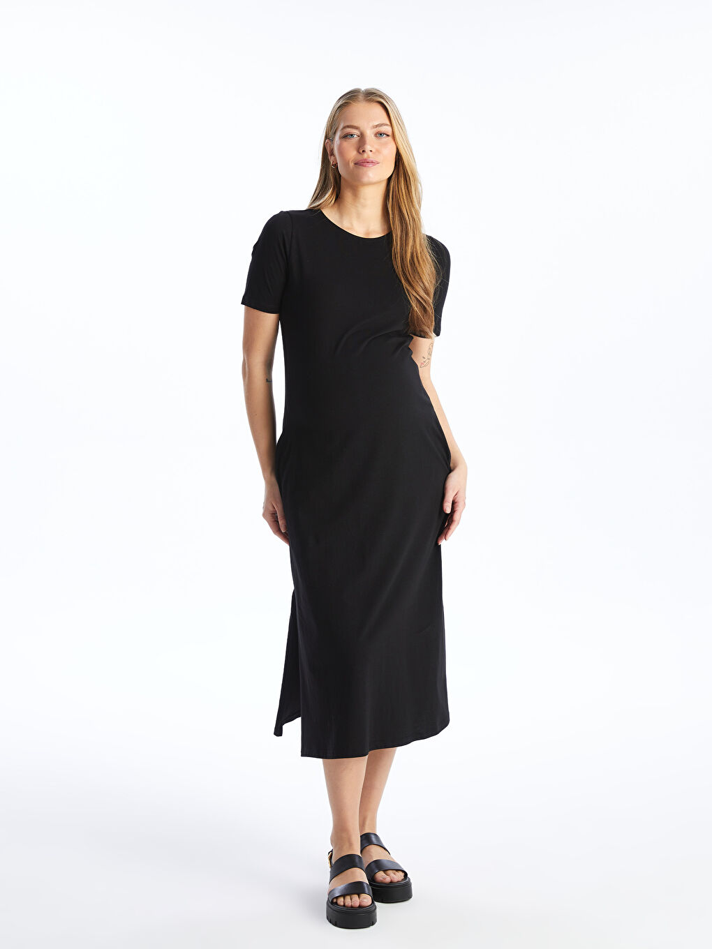 Rochie gravide simplă cu mânecă scurtă și guler rotund-1