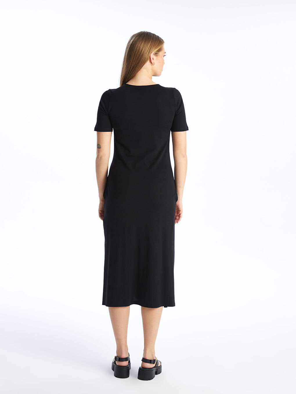 Rochie gravide simplă cu mânecă scurtă și guler rotund-4