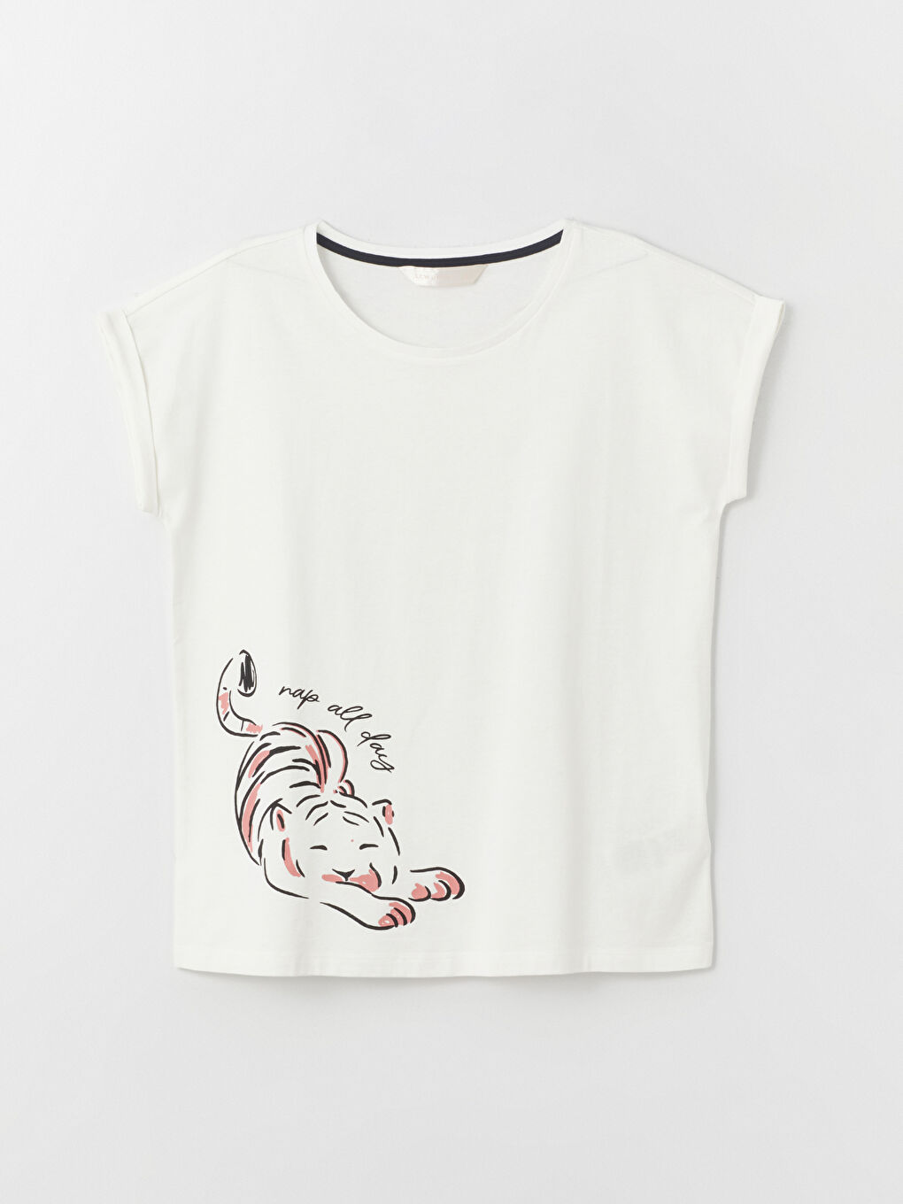 Ekru Bisiklet Yaka Baskılı Kadın Pijama Üst