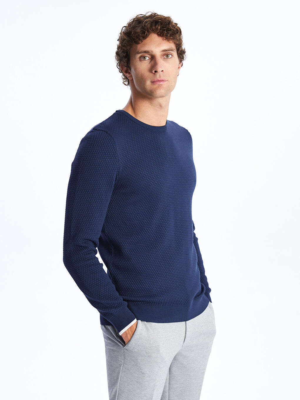 Crew Neck Long Sleeve Men's Tricot Sweater -S45298Z8-QP8