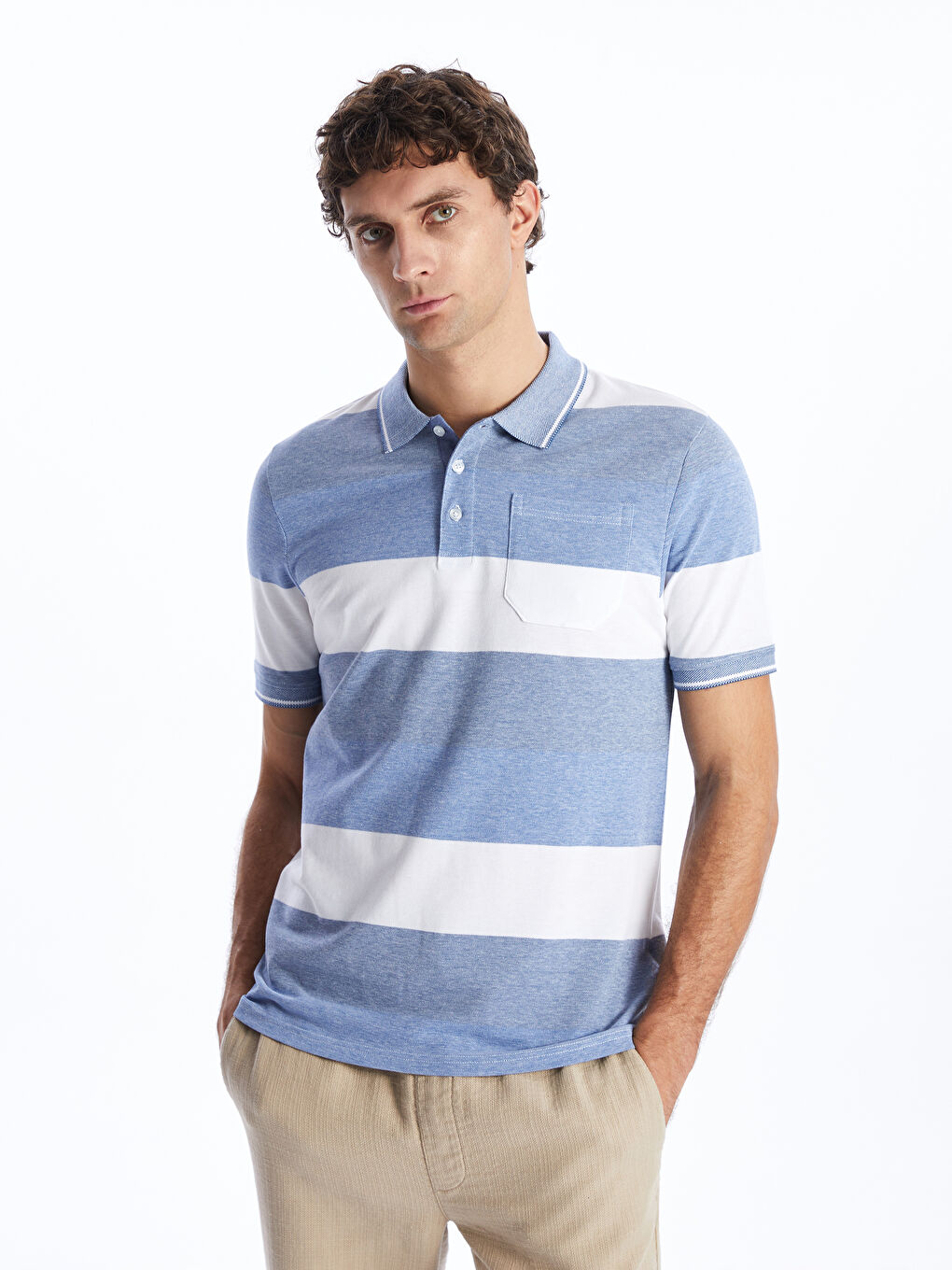 Polo Neck Short Sleeve Color Block Pique Men's T-Shirt -S45314Z8-LEN