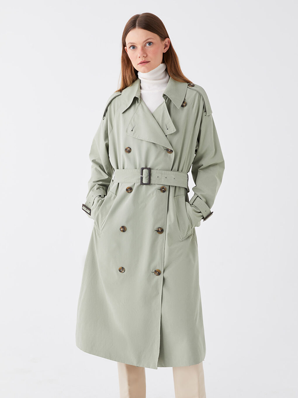 Women's Jacket Collar Plain Trench Coat -S45320Z8-GGY