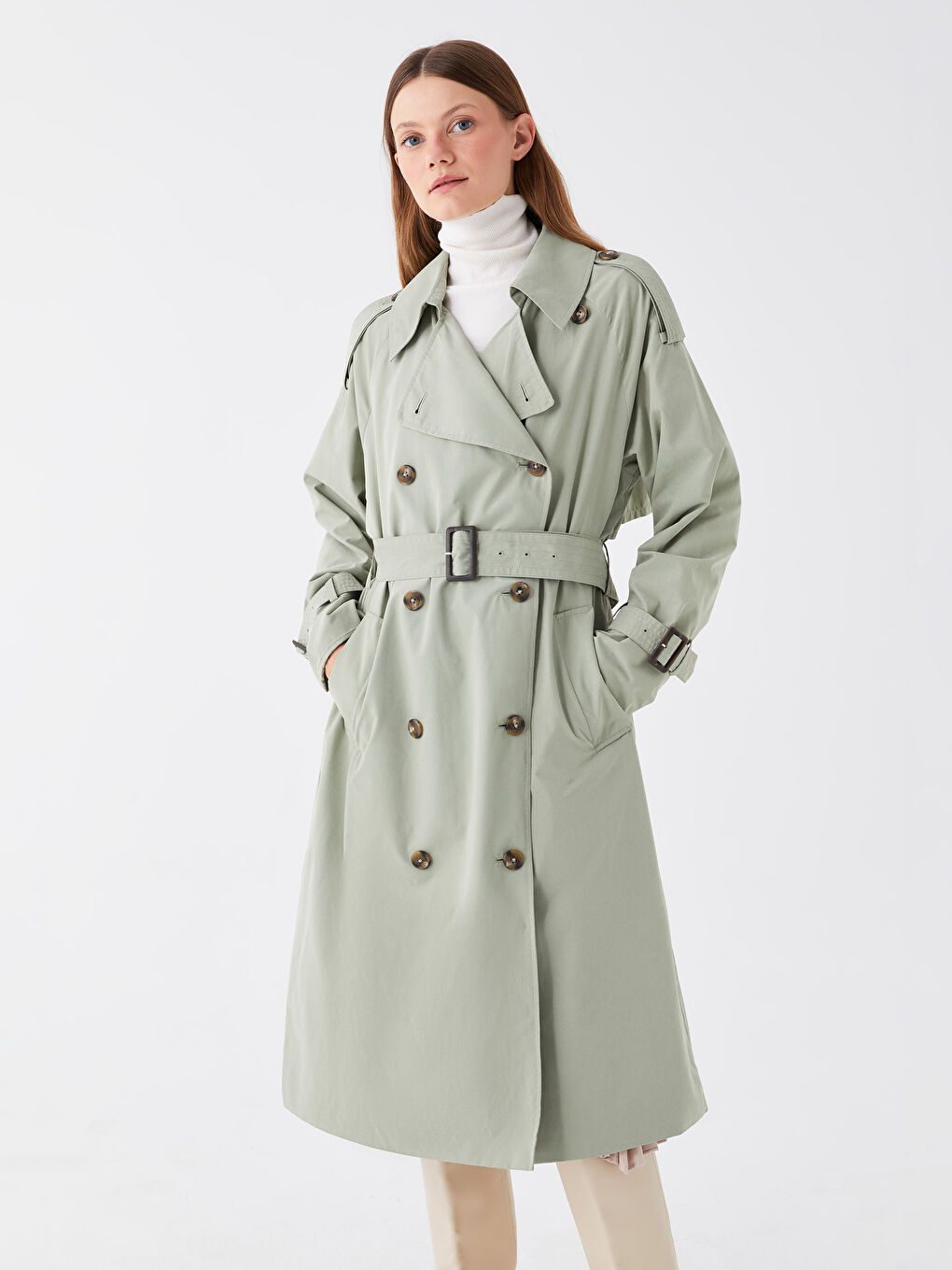 Women's Jacket Collar Plain Trench Coat -S45320Z8-GGY