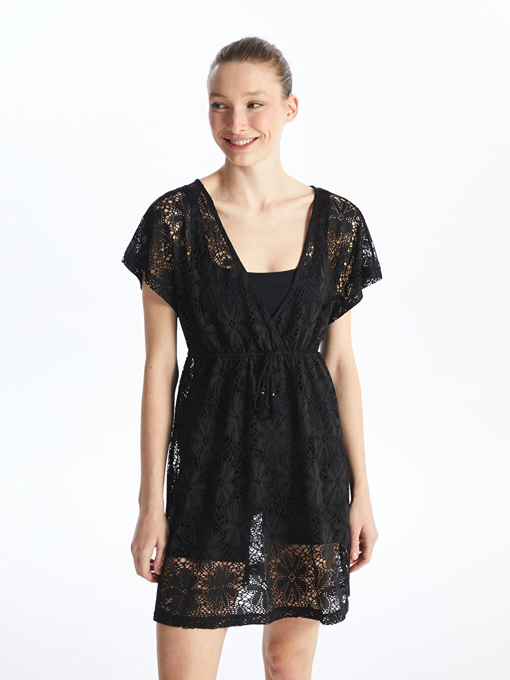 V Neck Lace Short Sleeve Women's Beach Dress -S45568Z8-CVL