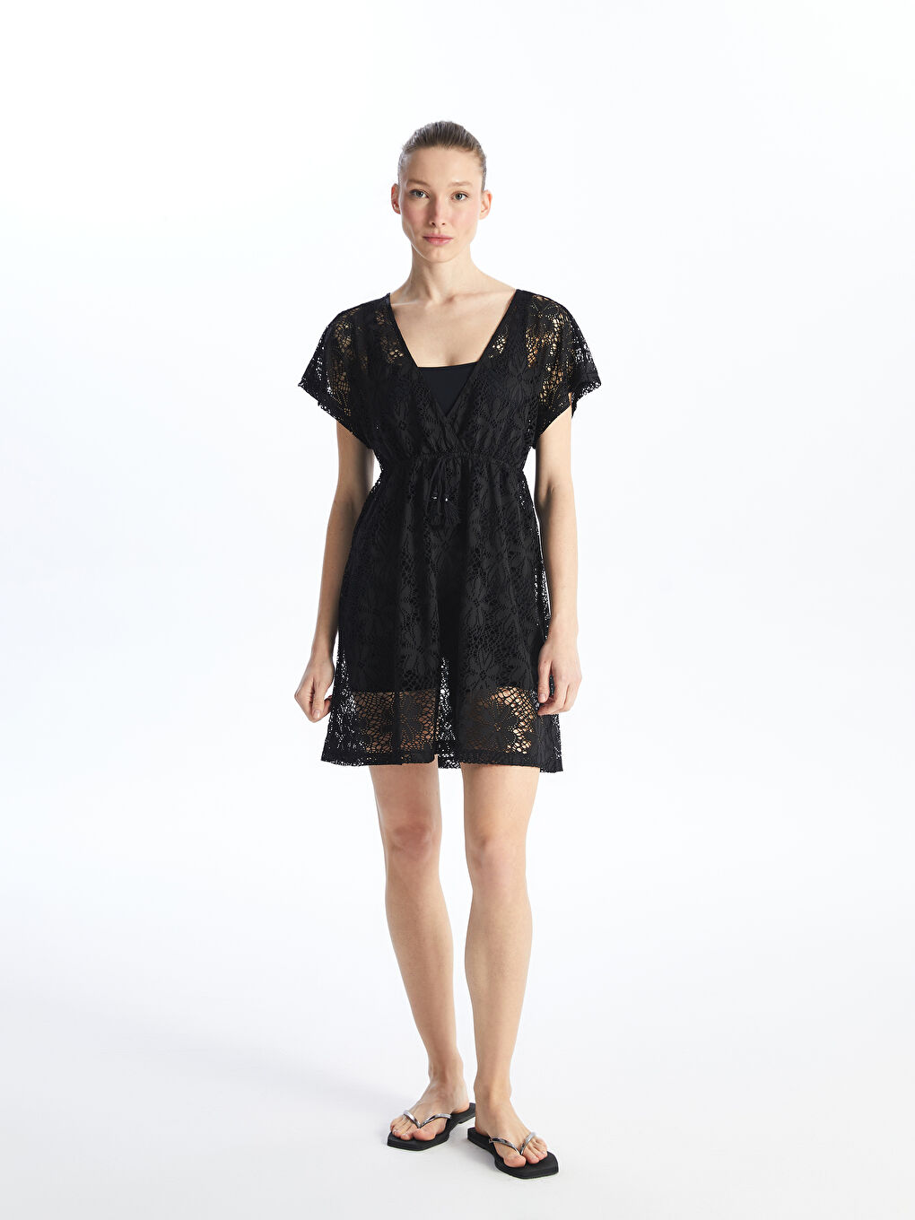 V Neck Lace Short Sleeve Women's Beach Dress -S45568Z8-CVL