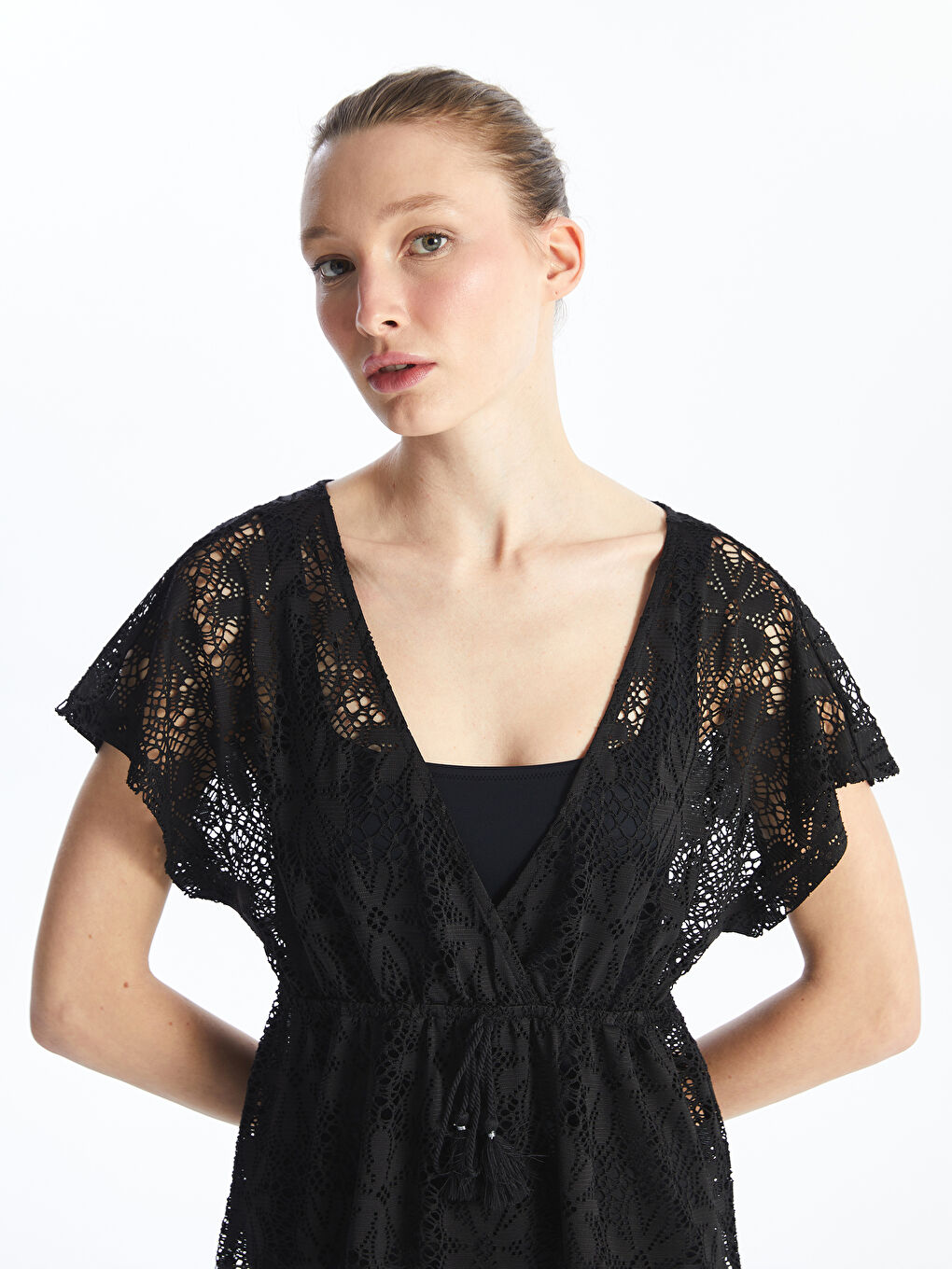 V Neck Lace Short Sleeve Women's Beach Dress -S45568Z8-CVL