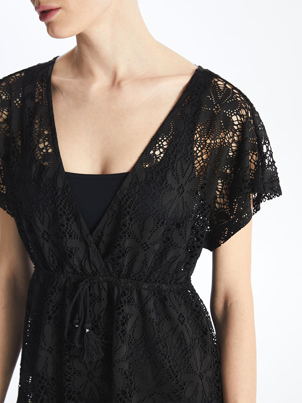 V Neck Lace Short Sleeve Women's Beach Dress -S45568Z8-CVL