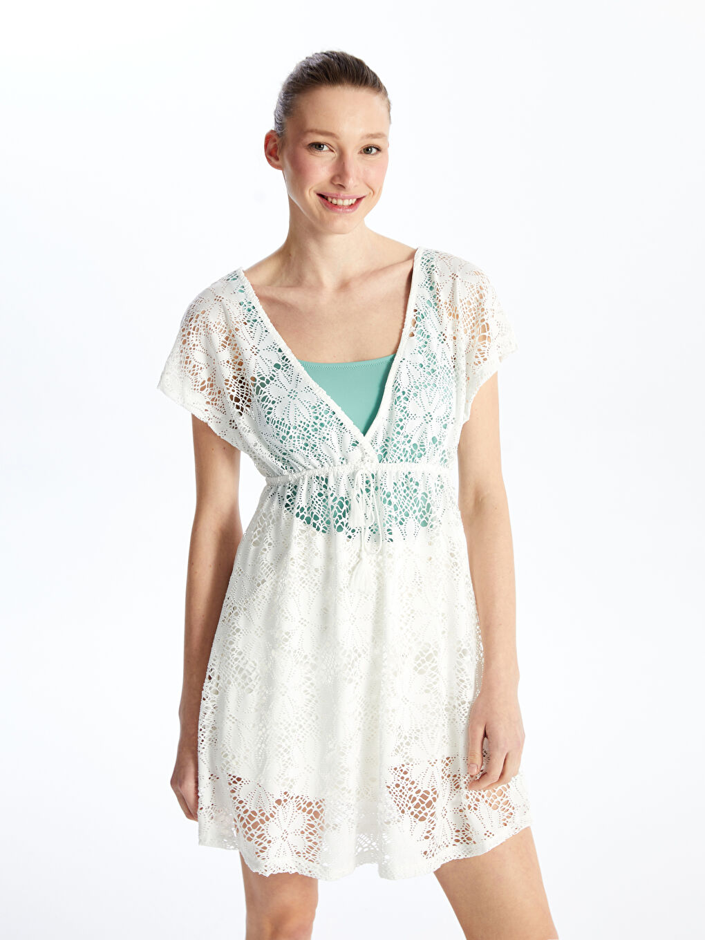 V Neck Lace Short Sleeve Women's Beach Dress -S45568Z8-FDU