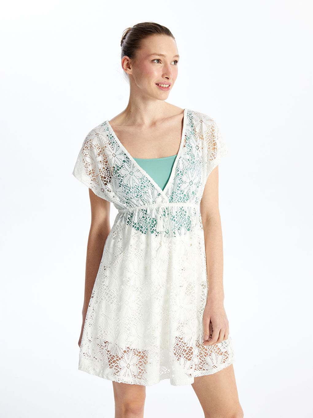 V Neck Lace Short Sleeve Women's Beach Dress -S45568Z8-FDU