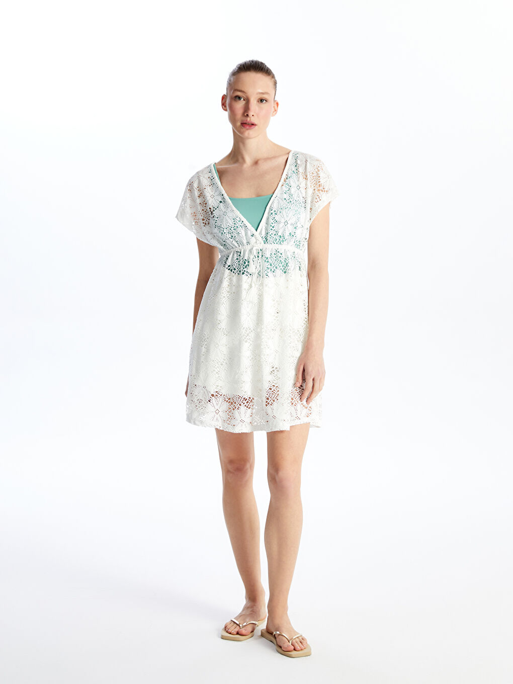 V Neck Lace Short Sleeve Women's Beach Dress -S45568Z8-FDU