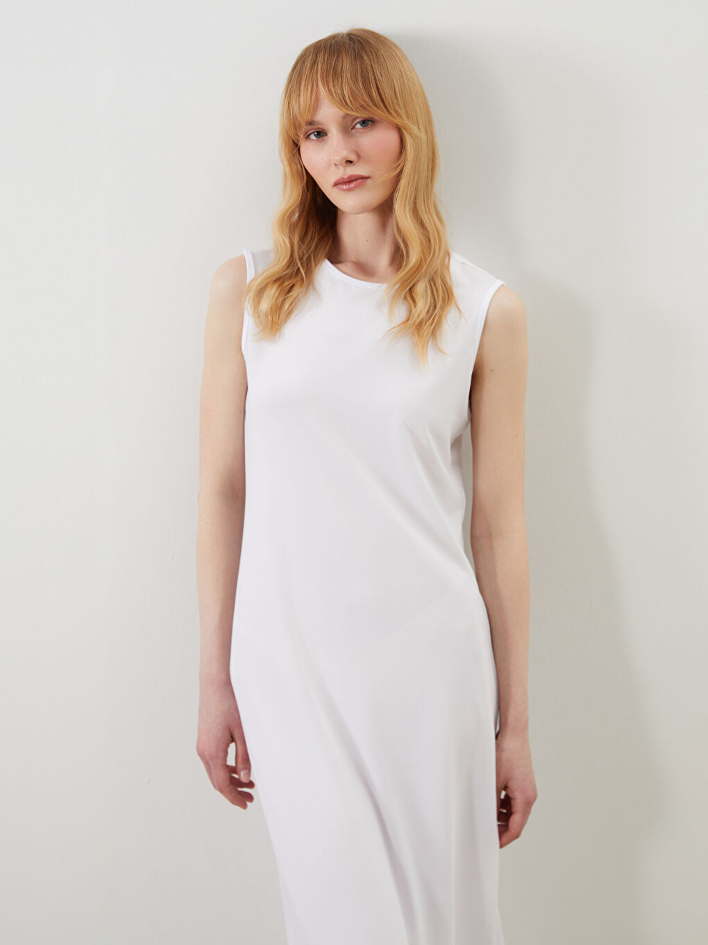 Beyaz Kadın Bisiklet Yaka Düz Elbise Astarı-1