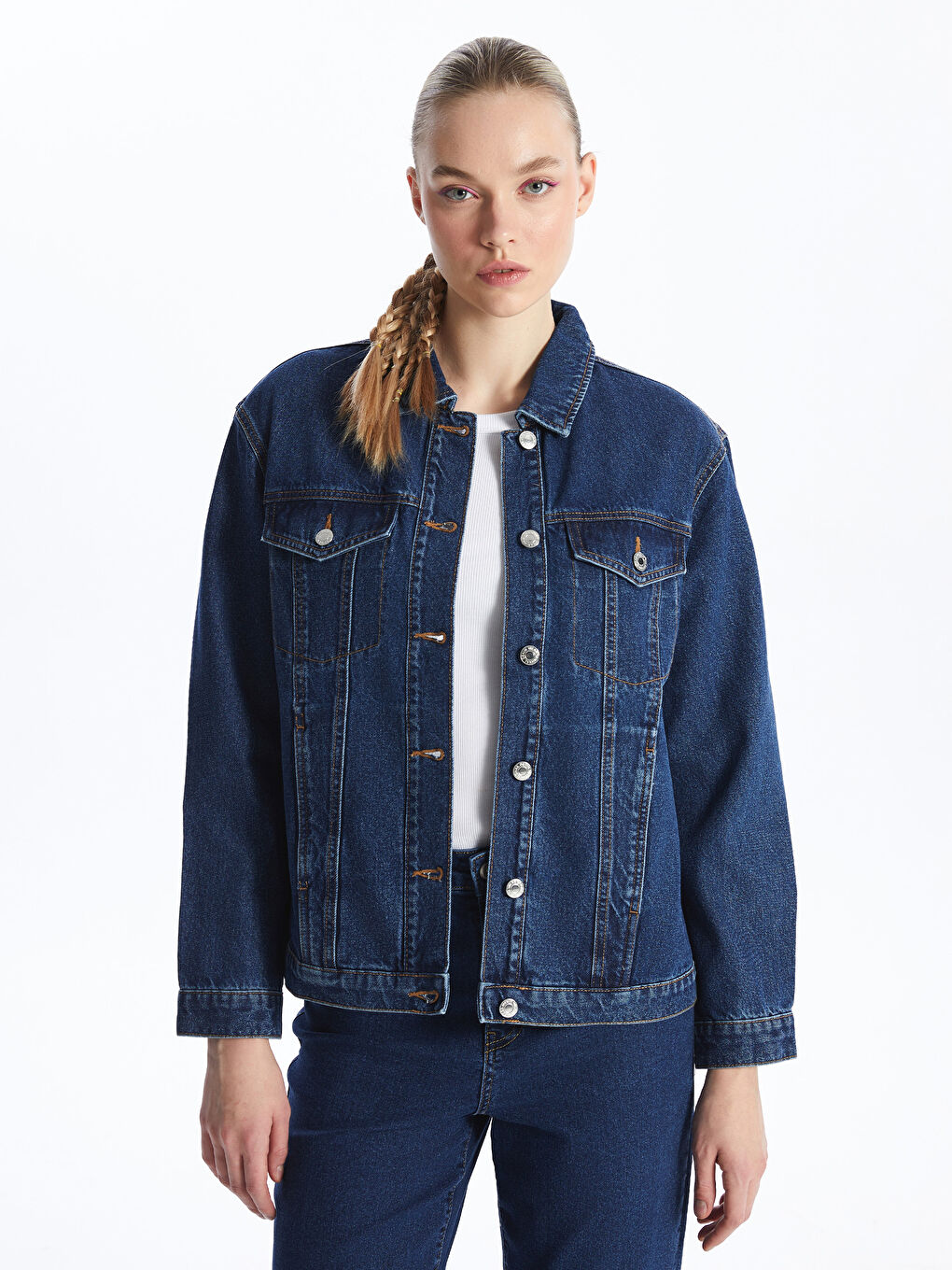 Plain Long Sleeve Women's Denim Shirt Jacket -S45845Z8-507