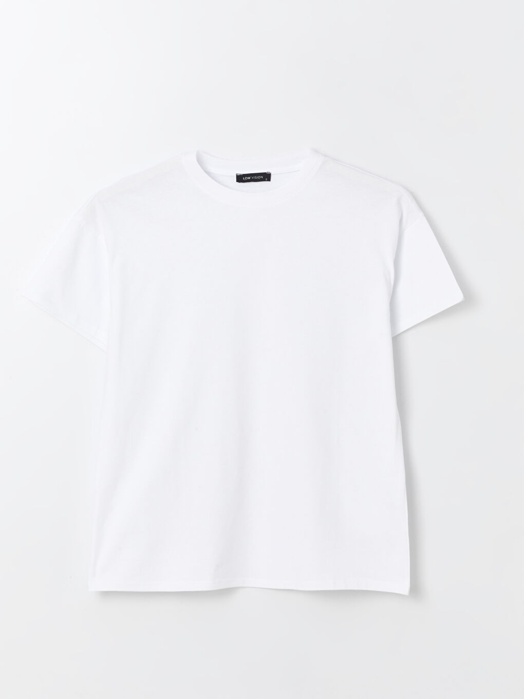 Beyaz Bisiklet Yaka Düz Kısa Kollu Oversize Kadın Tişört-5