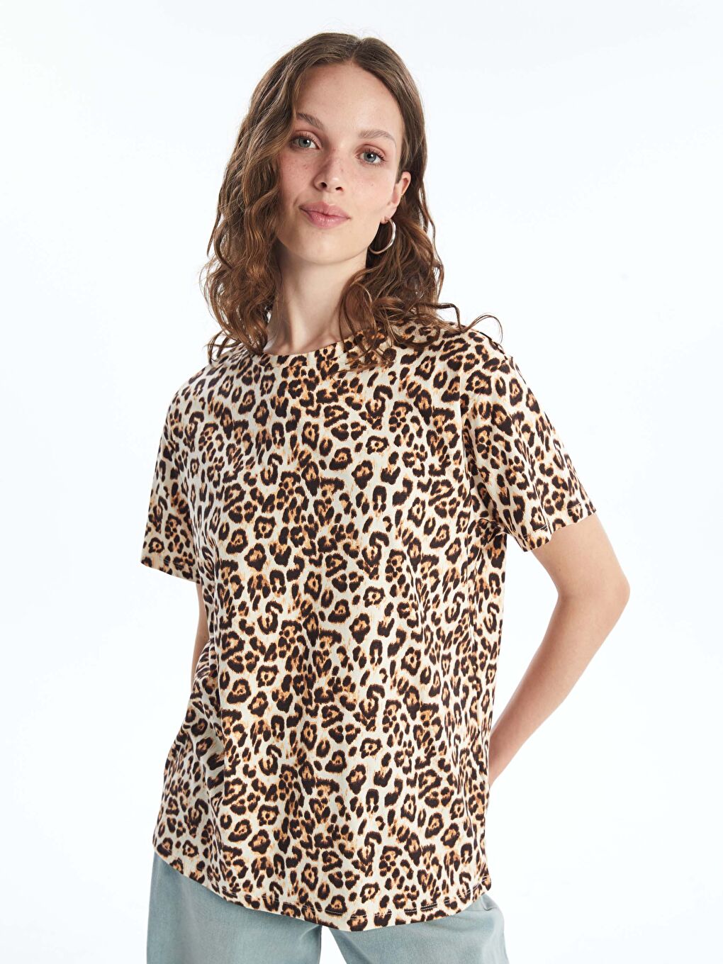 LCW Vision Crew Neck Leopard Patterned Short Sleeve Women's T-Shirt -S46049Z8-LQB