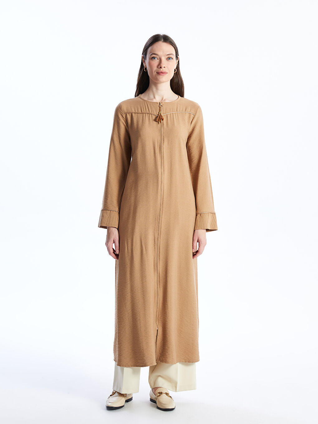 Kahverengi Bisiklet Yaka Düz Uzun Kollu Keten Görünümlü Kadın Ferace-1