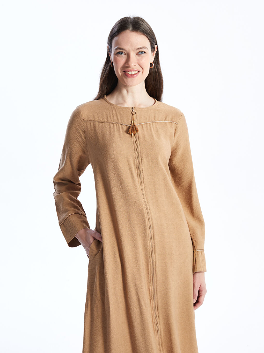 Kahverengi Bisiklet Yaka Düz Uzun Kollu Keten Görünümlü Kadın Ferace-2