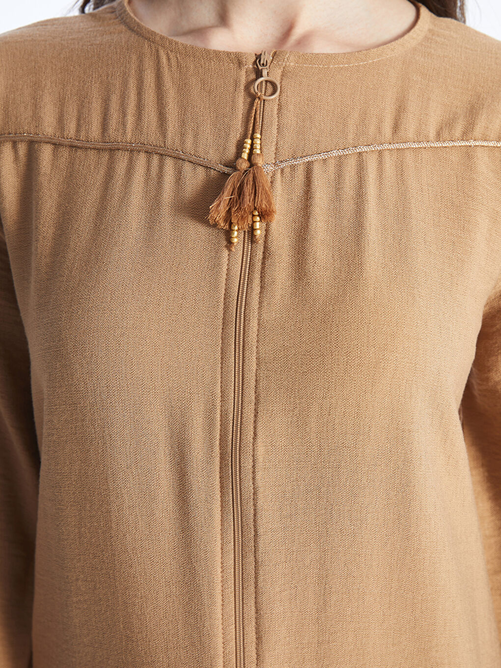 Kahverengi Bisiklet Yaka Düz Uzun Kollu Keten Görünümlü Kadın Ferace-3