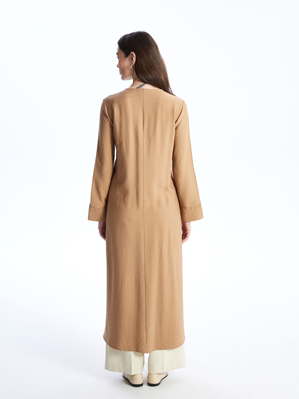 Kahverengi Bisiklet Yaka Düz Uzun Kollu Keten Görünümlü Kadın Ferace-4