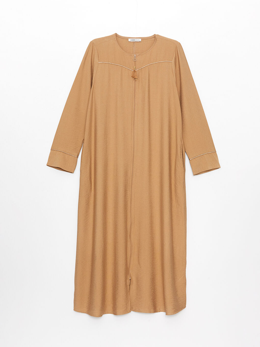 Kahverengi Bisiklet Yaka Düz Uzun Kollu Keten Görünümlü Kadın Ferace-5