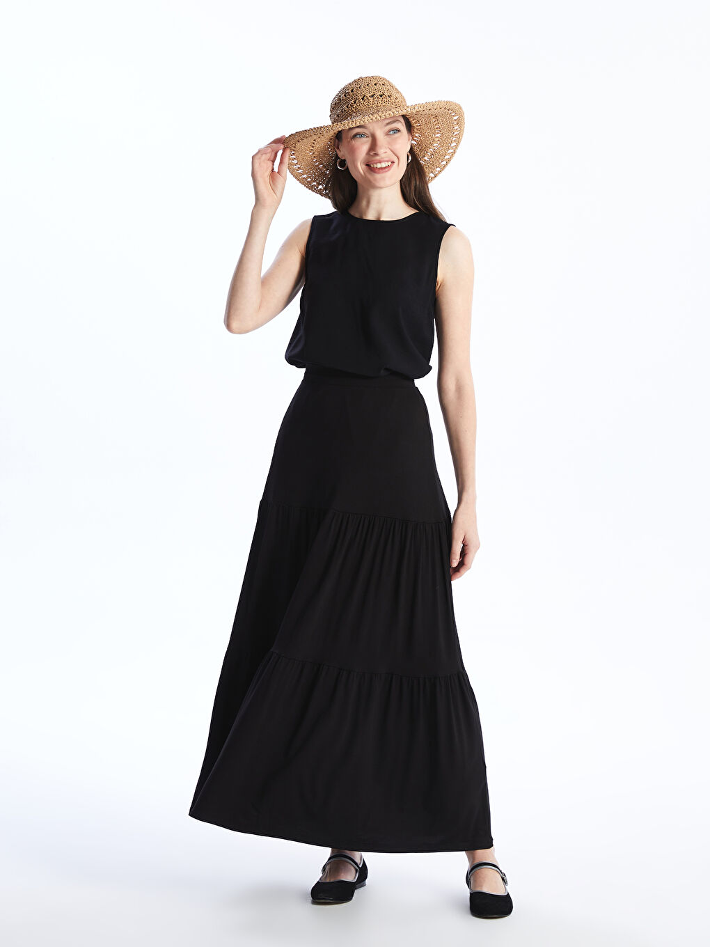 Siyah Beli Lastikli Düz A Kesim Kadın Etek