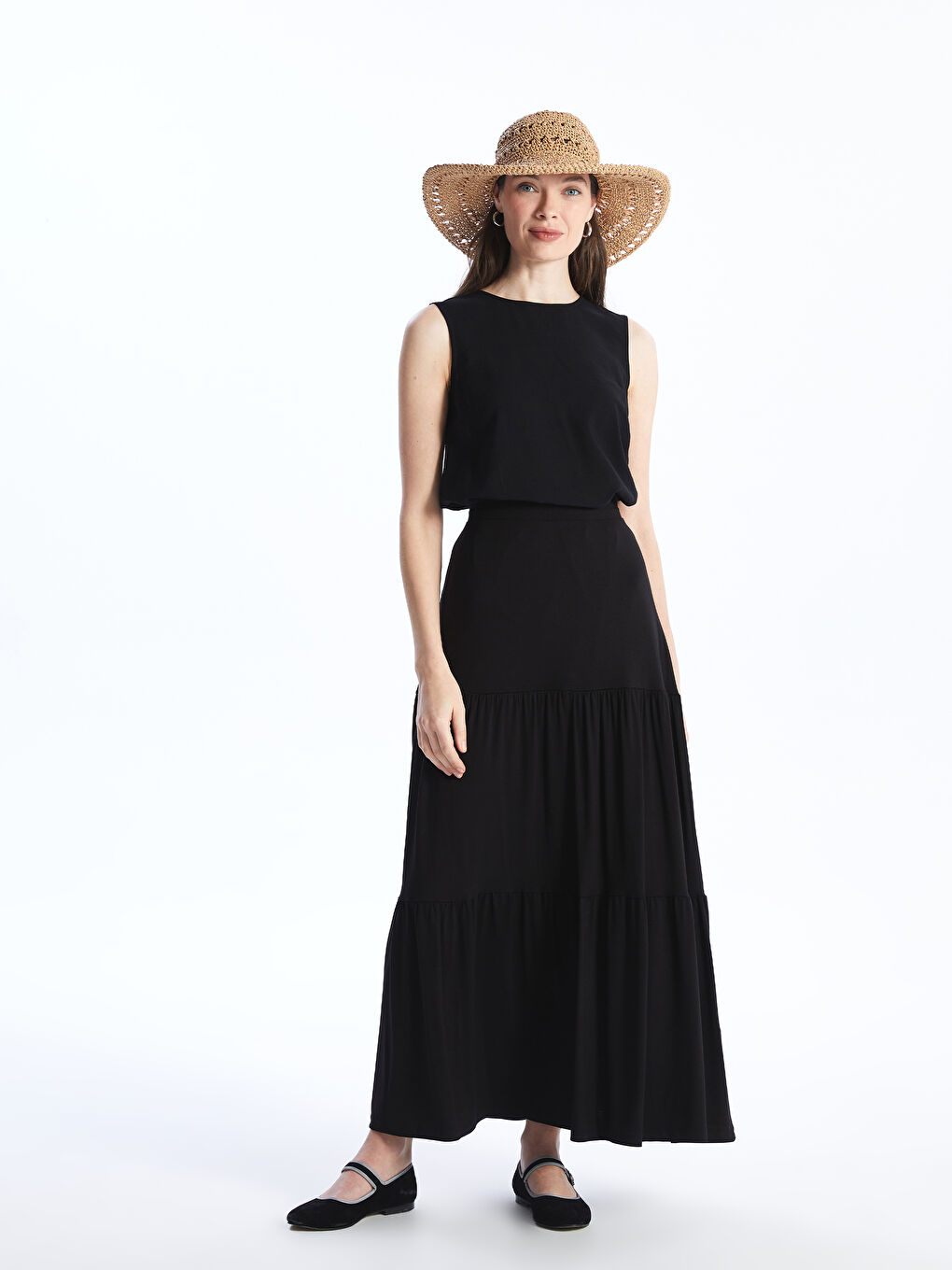 Siyah Beli Lastikli Düz A Kesim Kadın Etek-1